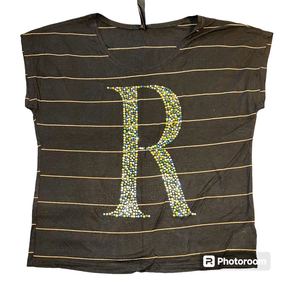 The Classic Womens T Shirt Top Striped Jeweled R Short Sleeves Pullover Black